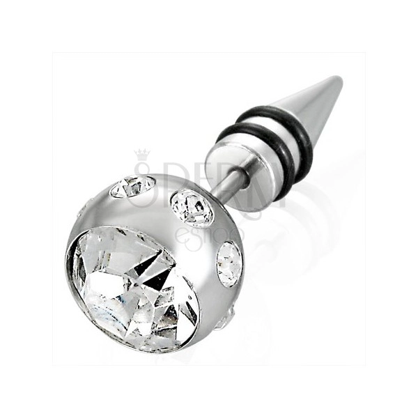 False piercing in a silver colour - large bead with zircon, a tip with two black rubber bands