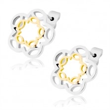 Stud earrings made of steel, gold and silver flower contour