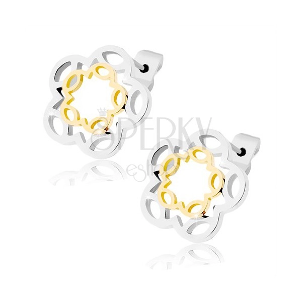 Stud earrings made of steel, gold and silver flower contour