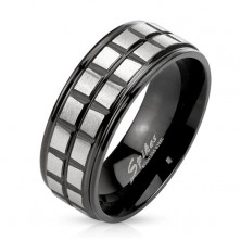 Black steel ring, two lines of matt silver squares