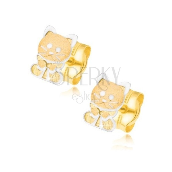 Gold earrings 585 - two-tone kitten with bow