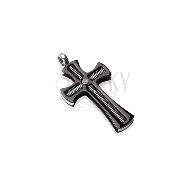 Pendant made of surgical steel - black cross with a threaded rod and clear zircon