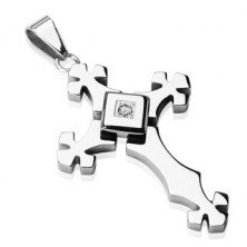 Steel pendant in clear colour - cross with zircon inside a square