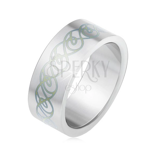 Stainless steel ring, matte flat surface, ornament of twisted lines