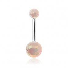 Navel piercing, ground white acrylic balls, rainbow effect