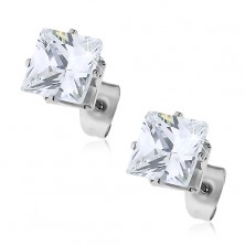 Stud earrings made of 316L steel, glossy square zircon in clear colour