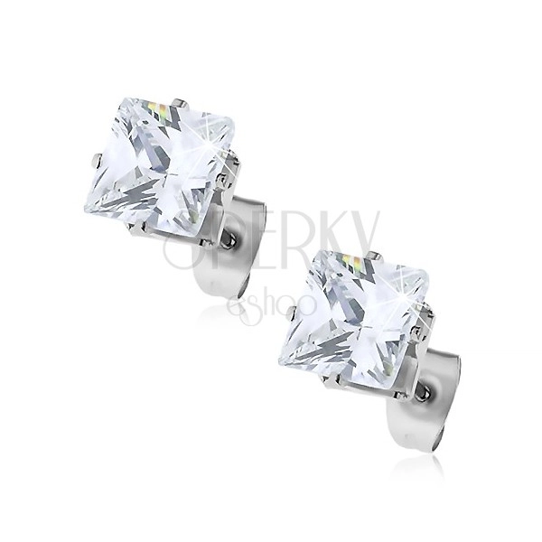 Stud earrings made of 316L steel, glossy square zircon in clear colour