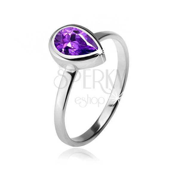 Ring with violet teardrop rhinestone in a mount, 925 silver