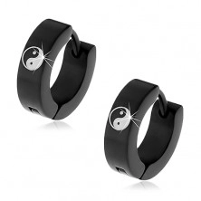 Hinged snap earrings made of 316L steel in black colour, Yin and Yang symbol