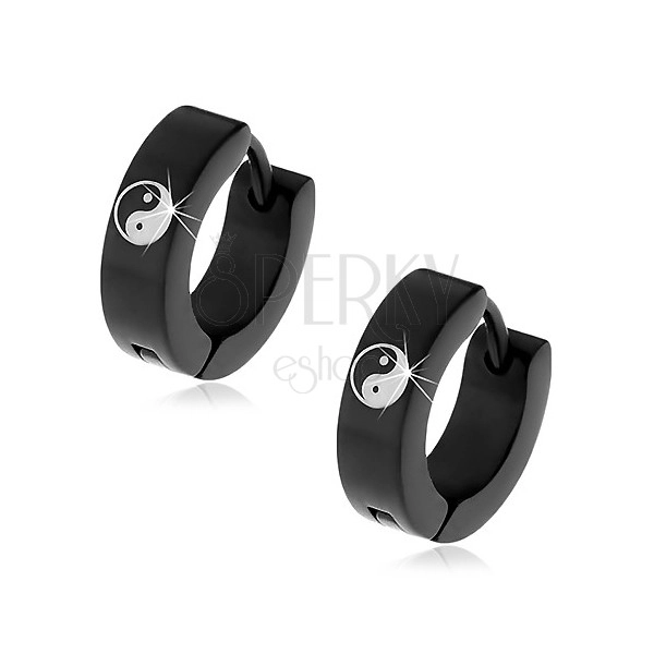 Hinged snap earrings made of 316L steel in black colour, Yin and Yang symbol