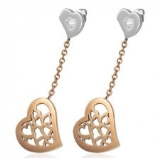 Earrings made of surgical steel, dangling heart with cutouts in copper hue