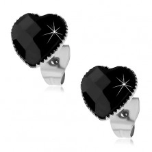 Earrings made of 316L steel, black cut heart lined with tiny notches