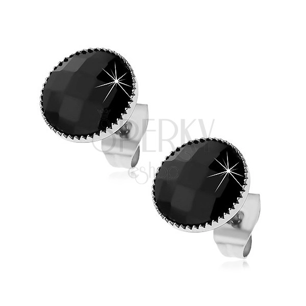 Earrings made of 316L steel, black circle with cut surface and notched border