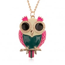 Necklace - chain in gold colour, colourful glazed owl