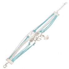 Blue and white strand bracelet, leatherette plait, pendants