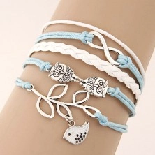 Blue and white strand bracelet, leatherette plait, pendants
