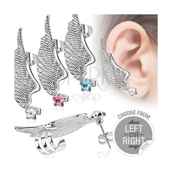Fake ear piercing made of steel - wing and coloured zircon star