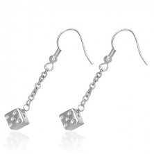 Steel earrings in silver colour, dice on chain, hooks