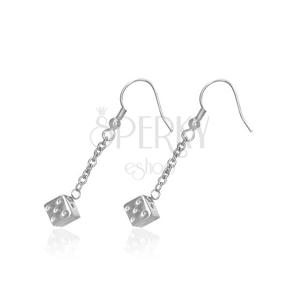 Steel earrings in silver colour, dice on chain, hooks