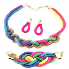 Set of earrings, bracelet and necklace, braided colourful strings, chainlet