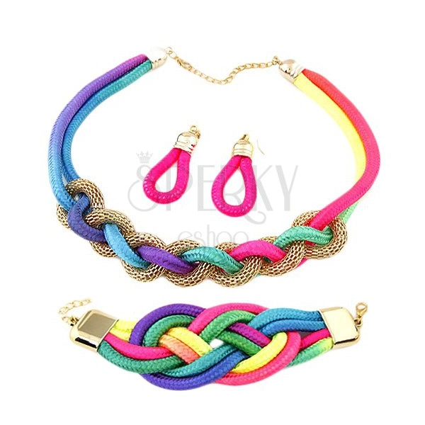 Set of earrings, bracelet and necklace, braided colourful strings, chainlet