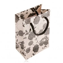 Gift bag for jewellery in beige colour, black flowers, string