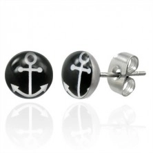 Stud steel earrings with white anchor symbol on black circle
