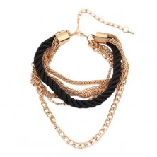 Wrist bracelet - twisted black strand spiral, chains in gold colour
