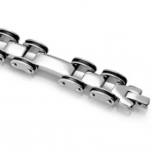 Steel bracelet - long and short links, slim rubber stripes on sides