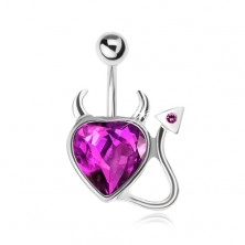 Steel belly button ring, zircon heart with tail and horns