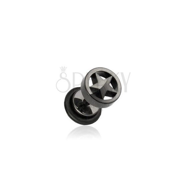 Black fake ear plug made of steel, star in circle
