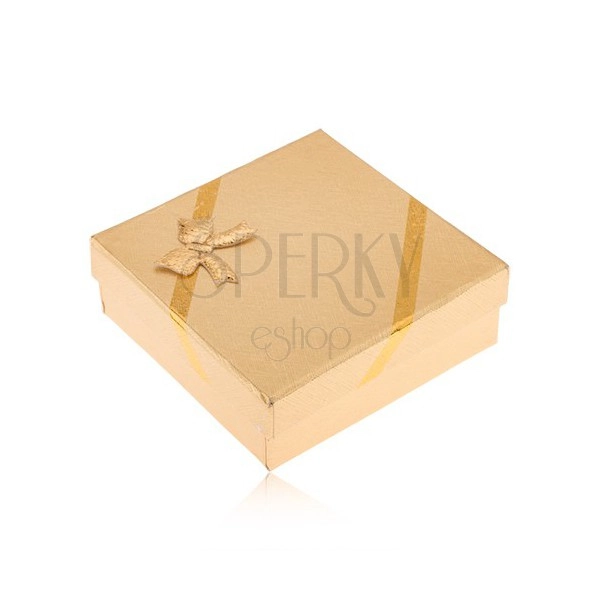 Golden colour gift box for jewellery, fabric appearance, ribbon
