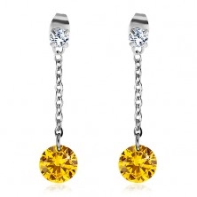 Earrings made of surgical steel, large yellow and smaller clear zircon, chain