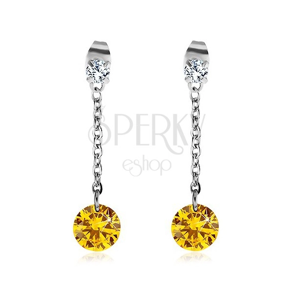 Earrings made of surgical steel, large yellow and smaller clear zircon, chain