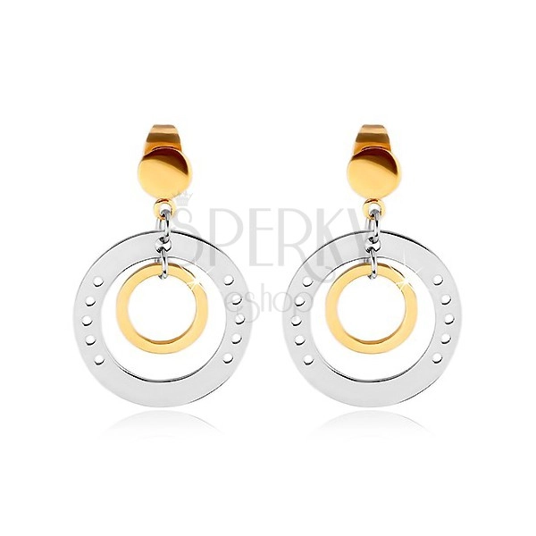 Bicoloured earrings made of 316L steel, big circle with holes and smaller circle
