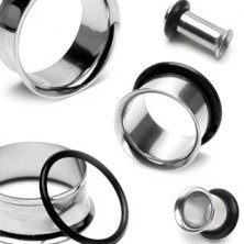 Glossy steel ear tunnel with black rubber band