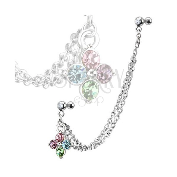 Piercing for ear made of steel, colourful zircon flower, double chain