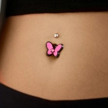 Belly button piercing made of steel, pink and black butterfly with zircon
