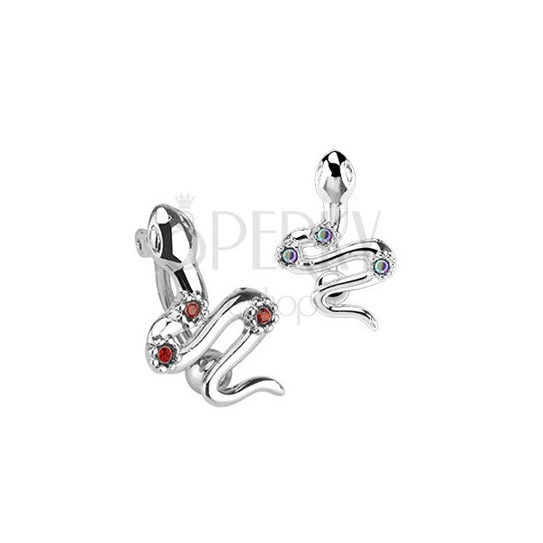 Steel belly button piercing - snake with three colour zircons