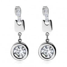 Steel earrings, thick roll with zircon in clear colour, studs