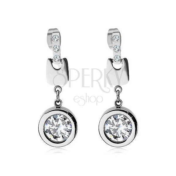 Steel earrings, thick roll with zircon in clear colour, studs