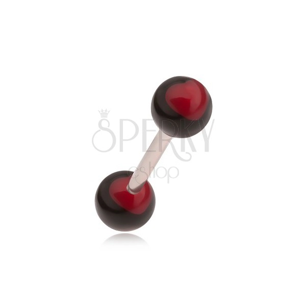 Steel tongue piercing with black balls - dark red hearts