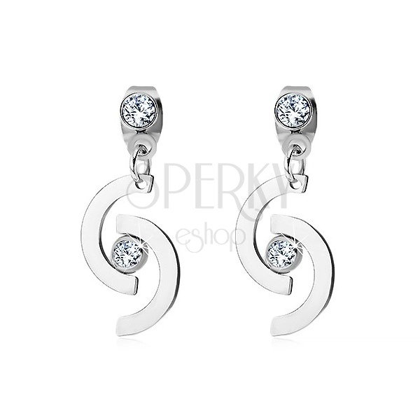 Earrings made of surgical steel, two semicircles with zircon, studs