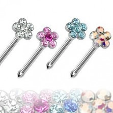 Steel nose piercing, straight, coloured flower made of zircons
