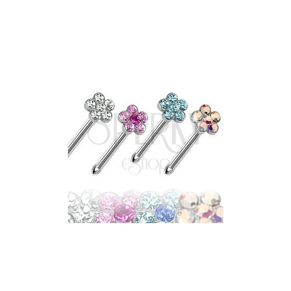 Steel nose piercing, straight, coloured flower made of zircons