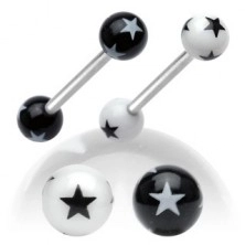 Steel tongue piercing, black and white acrylic balls with stars