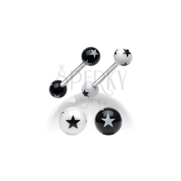 Steel tongue piercing, black and white acrylic balls with stars