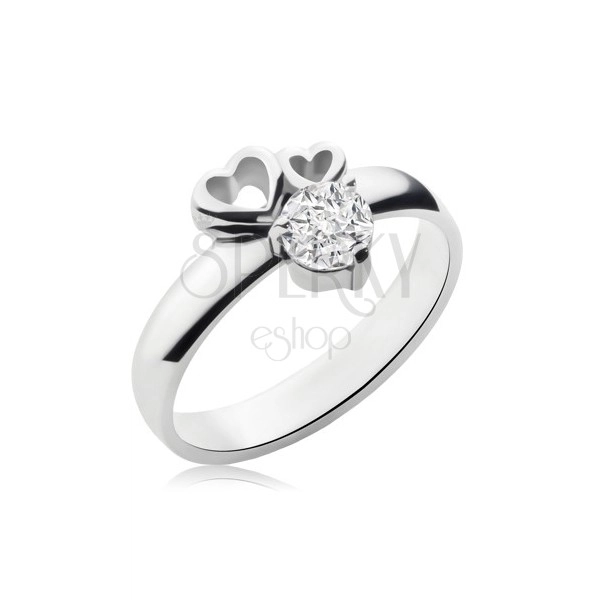 Stainless steel ring in silver colour, two heart contours, clear zircon