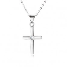 Necklace made of silver 925, chain and shiny smooth cross, clear zircon