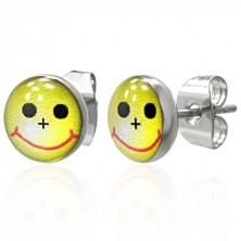 Small round steel earrings - yellow smiley